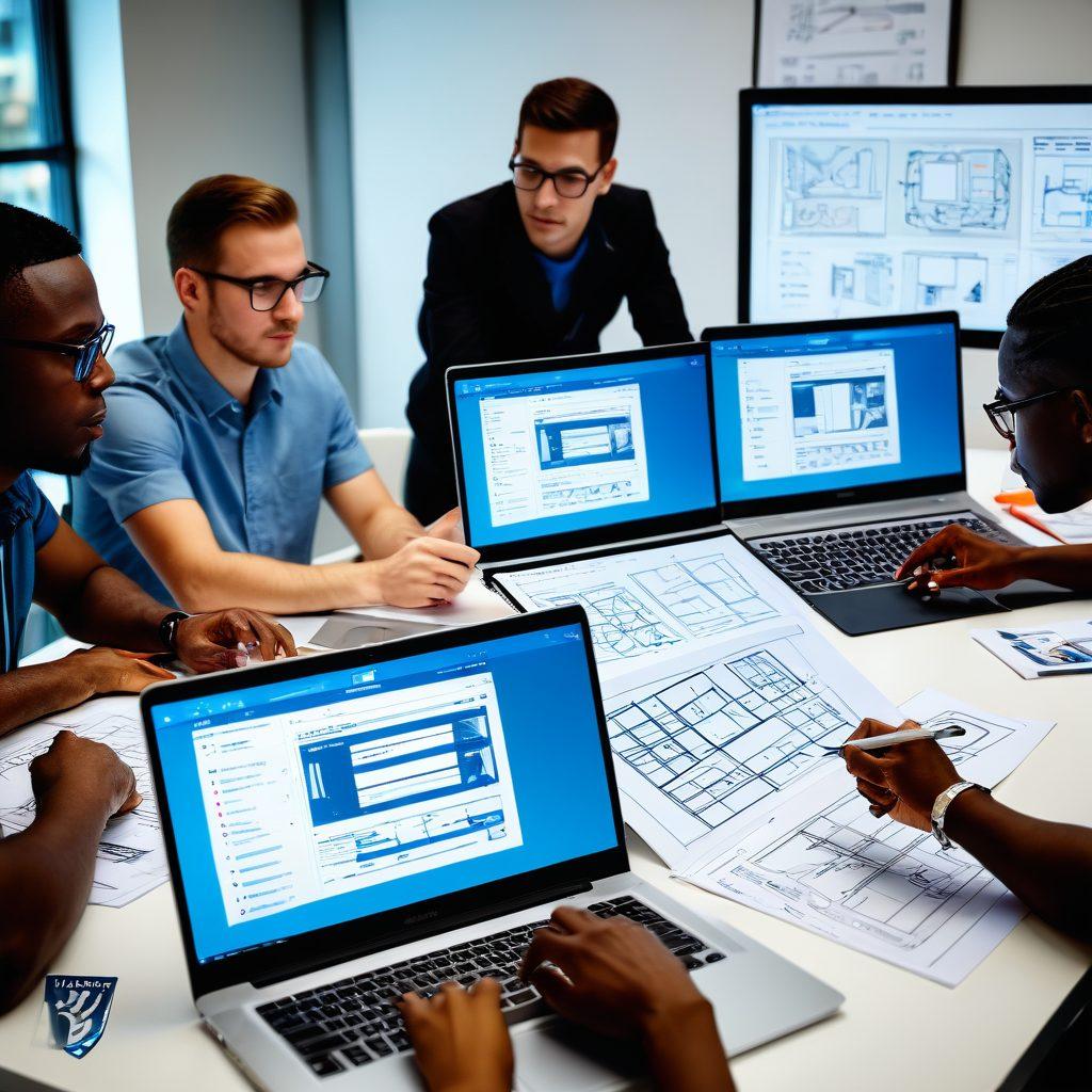 A group of diverse web developers huddled around a table with laptops, sketching wireframes, and discussing passionately. The background shows a large computer screen displaying a dynamic, user-friendly website mockup. Include elements like responsive design blueprints, UI/UX diagrams, and code snippets floating around. dynamic and engaging. vibrant colors. modern aesthetic.