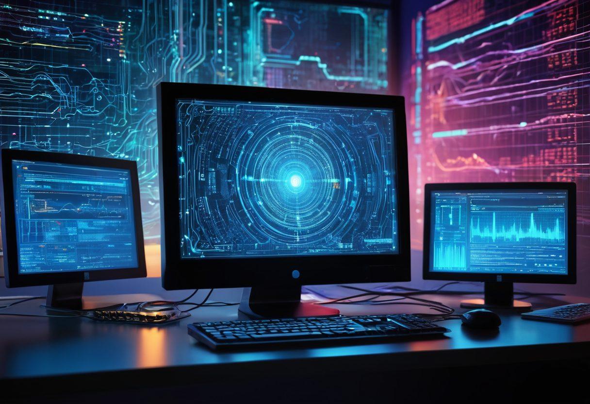 A dynamic scene featuring a glowing computer monitor surrounded by various digital tools like code editors, graphic design software, and networking charts. Abstract elements like digital waves and circuit patterns seamlessly blend into the background, symbolizing the power and connectivity of web solutions. futuristic style. vibrant colors. super-realistic.