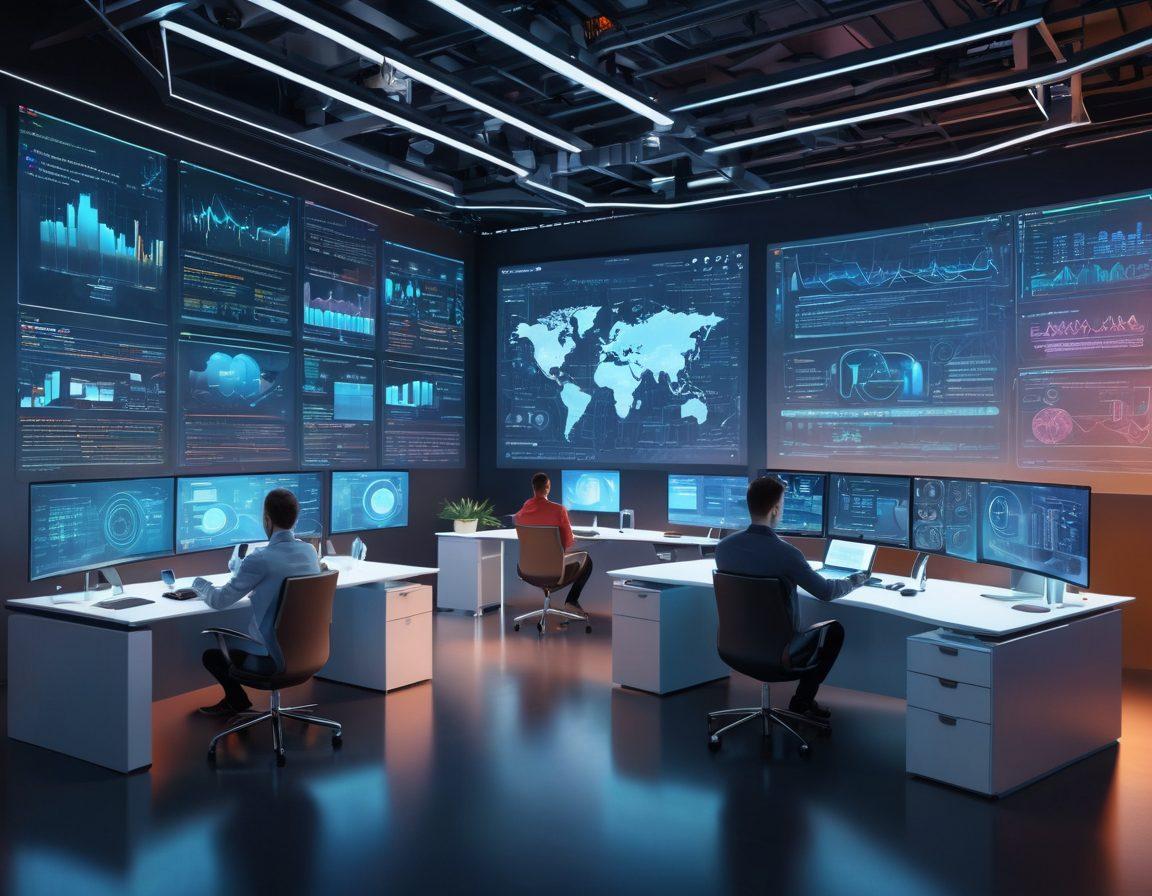 A futuristic digital workspace filled with holographic screens, showcasing web development processes, coding languages, and innovative designs. A diverse team of developers collaborating enthusiastically, surrounded by digital tools and charts depicting growth and user engagement. super-realistic. vibrant colors. 3D.